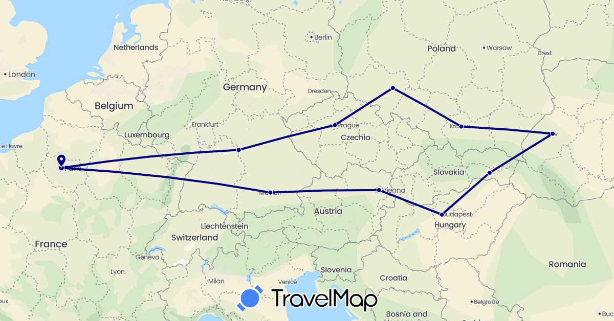 TravelMap itinerary: driving in Austria, Czech Republic, Germany, France, Hungary, Poland, Slovakia, Ukraine (Europe)